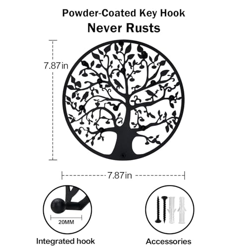 Round Decorative Home Key Holder Wall Mount, Metal Tree Car Key Rack for Wall Organizer for Keys, Wallets, Hats, Used for Decor for House Entryway, Kitchen, Garage, Office (8" Black) - color: 8" Black