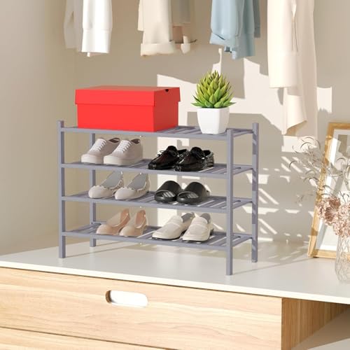 RONGJlA 4 Tier Bamboo Shoe Rack for Closet Free Standing Wood Shoe Shelf Storage Organizer for Entryway Small Space Stackable, Gray - color: Grey, size: 4-Tier-Regular