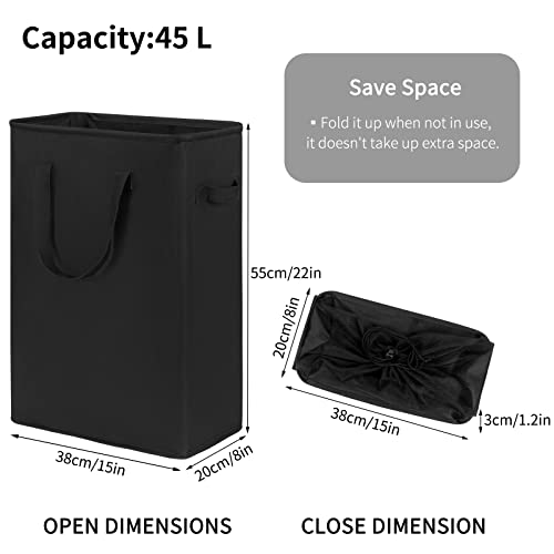 Chrislley 45L Slim Laundry Hamper Narrow Laundry Basket with Handle Foldable Dirty Clothes Portable Skinny Hamper Organizer Storage Bins (22 inches, black) - color: black, size: 45l(14.96"l x 8"w x 21.65"h)