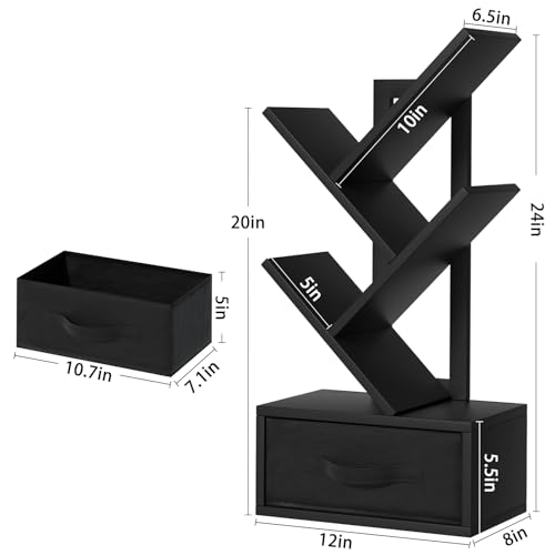 SHEEPAM Small Book Shelf with Drawer,4 Tier Black Tree Bookshelf,Wooden Desktop Bookcase,Modern Desk Display Storage Bookshelves,Floor Standing Organizer Bookcases for Living Room,Bedroom,Office - color: Classic Black, size: 4 Tier
