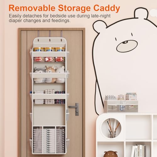 OneDream 5-Tier Over the Door Organizer with Removable Storage Caddy, Baby Clothes Organizer for Nursery, Hanging Behind Door Storage with Clear Pockets and Side Mesh Compartments, Beige - color: Beige