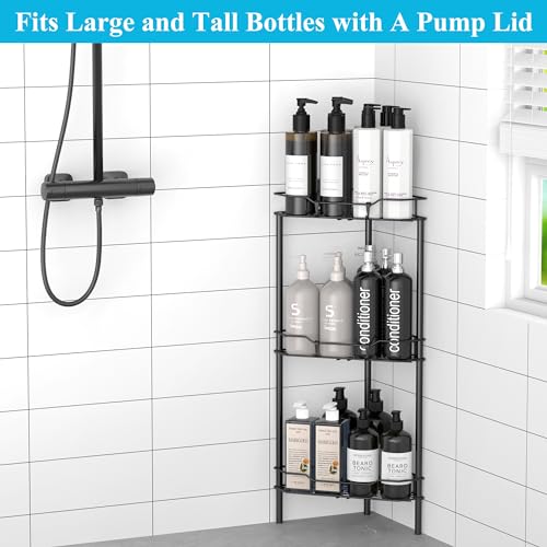 HuggieGems 3 Tier Floor Standing Corner Shower Caddy Organizer Shelf with Hooks, Bathroom Shelves Stand Rack, Black - color: Black, size: 3 Tier