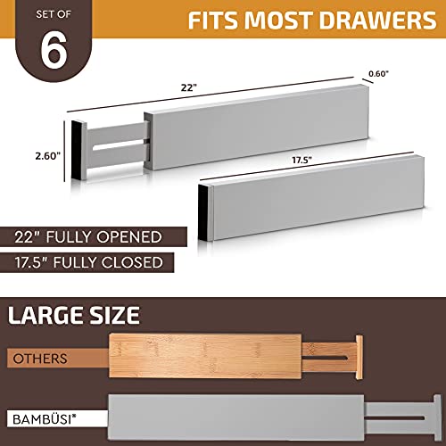 6-Pack Drawer Dividers - 2.6 Inches High, Adjustable 16 to 22 Inches Bamboo Drawer Organizer, Large Expandable Separator for Clothes, Dresser, Bedroom, Bathroom, Baby, Office, Kitchen Utensils, Gray - color: Gray