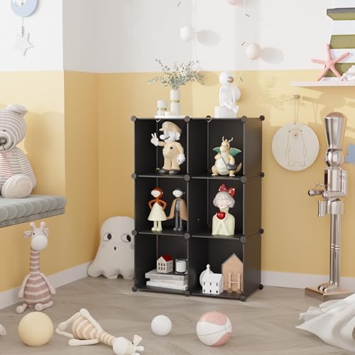 C&AHOME 6-Cube Storage Organizer, Stackable Storage Cubes Shelves, Portable Bookshelf, Plastic Clothing Storage Closet Organizer, DIY Modular Shelving Units for Wardrobe, Home, Black - color: Black