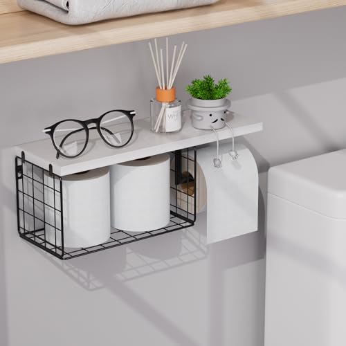 VITVITI Toilet Paper Holder with Shelf, Wall Mounted Toilet Paper Storage Basket, Wood Metal Toilet Roll and Wipes Holder for Bathroom Farmhouse (White) - color: White