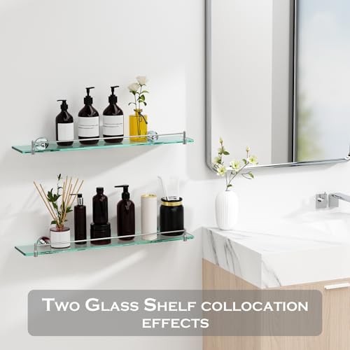 24 Inch Glass Bathroom Shelves,Chrome Polished Floating Shelves for Wall Rectangular Modern Stainless Steel Glass Shelf for Bathroom Shelves Wall Mounted - color: Chrome Polished, size: 24"with railing
