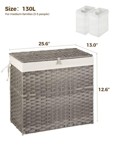 GREENSTELL Laundry Hamper with Wheels&Lid, 130L Large 3 Sections Clothes Hamper with 2 Types Removable Liner Bags, 5 Mesh Laundry Bags, Handwoven Divided Laundry Basket Gray - color: Gray, size: 130L: 25.6x13.0x25.7 Inches