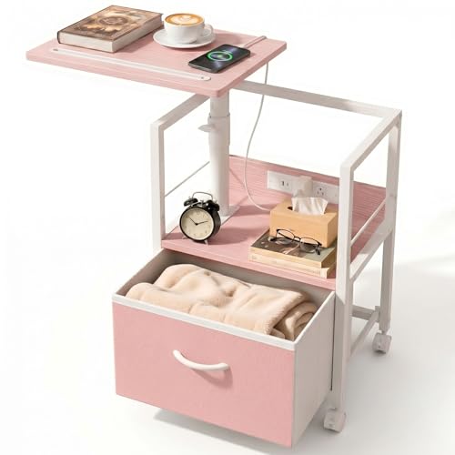 Faesun Swivel Lift Top Nightstand with Charging Station, Rolling Side Table for Recliner, Bedside Table with Wheels & a Fabric Drawer, for Small Spaces, for Bedroom, Living Room, Pink - color: Pink, size: 1 Drawer
