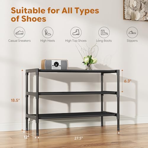Simple Trending Shoe Rack, 3-Tier Shoe Organizer, Non-Woven Shoe Shelf Storage for Closet, Entryway, Bedroom, 27.5" Wide, Black