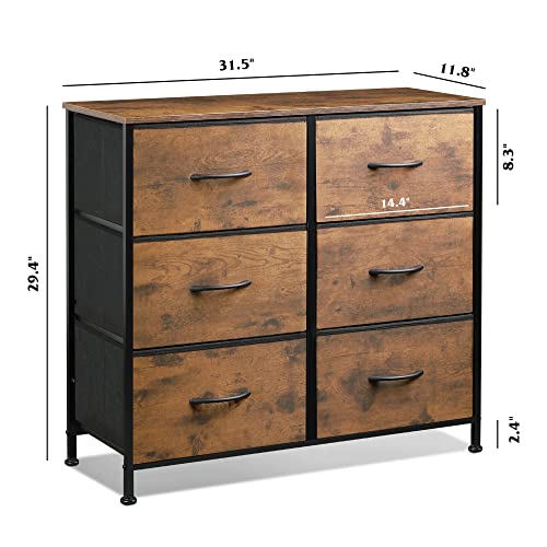 WLIVE Dresser for Bedroom with 6 Drawers, Closet Dresser with Metal Frame, Wooden Top, Fabric Dresser for Closet, Living Room, Hallway, Rustic Brown Wood Grain Print - color: Rustic Brown Wood Grain Print