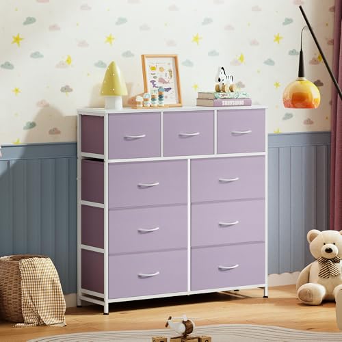 WLIVE 9 Drawer Dresser, Fabric Storage Tower for Bedroom, Hallway, Closet, Tall Chest Organizer Unit for Bedroom with Fabric Bins, Steel Frame, Wood Top, Easy Pull Handle, Purple - color: Purple