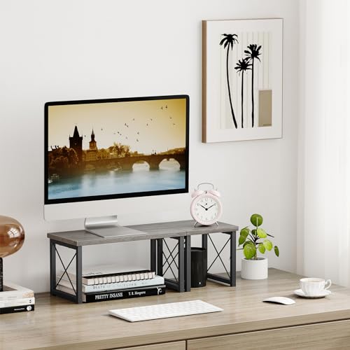 Honiter Desk Shelf for Top of Desk, Wood Desktop Shelf, 2 Tier Adjustable Bookshelf Organizer, Freestanding Stackable Desk Stand Storage Organizers Kitchen Counter Display Rack - color: Grey, size: 7.6in-1 Pack