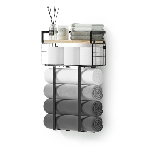Xstydes Towel Racks for Bathroom, Metal Towel Holder with Storage Basket,Wall Towel Rack for Rolled Towels, Towel Storage for Small Bathroom. - color: Wood, size: Large