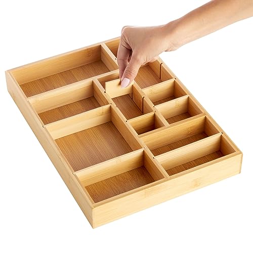 Juvale Drawer Organizer Tray - 8-Slot Drawer Divider for Utensils - Versatile Silverware Holder - Desk Tray for Office Supplies - 14 x 10 x 2 in, Brown, Bamboo - size: 14" x 10" x 2" inches