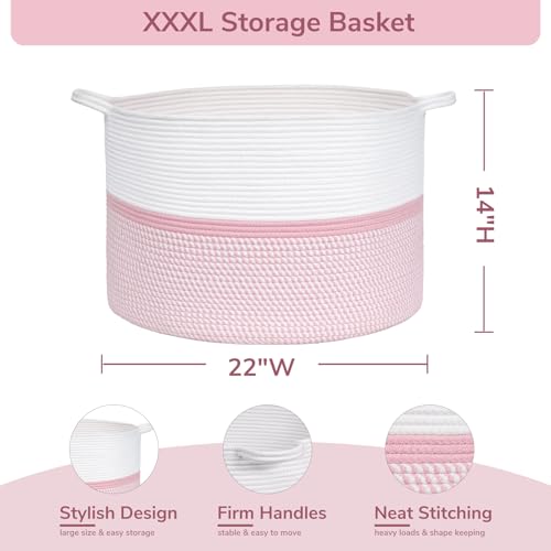 CHICVITA Extra Large Cotton Rope Woven Basket, XXL Throw Blanket Storage Basket with Handles, Pink Decorative Clothes Hamper Laundry Hamper - 22" x 22" x 14" - color: Pink