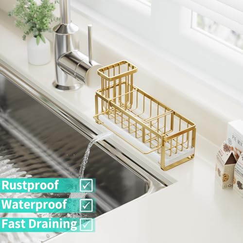 HapiRm Sponge Holder for Kitchen Sink - Self-draining Sink Caddy with Brush Holder and Dishcloth Holder, Stainless Steel Kitchen Organizer for Countertop - Gold - color: Gold, size: with Dishcloth Holder