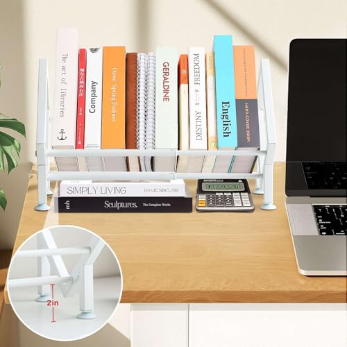 ENCIMART Tabletop Bookshelf Organizer, Adjustable Desk Shelf for Top of Desk in Living Room, Home, Office, Stainless Steel Tilting Bookcase Desktop Storage Book Rack for Magazine/CDs/Books Display - color: White-1