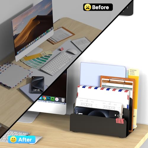 Mail Organizer Countertop, Small Desk File Organizer, Metal File Holder - Essential Workspace Organizers for Office Desk, Home Office (Black) - color: Black