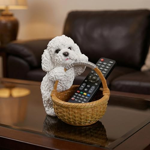 Trinket Tray & Key Holder Bowl for Vanity Dresser Featuring White Poodle - Dog Statue Catchall Storage & Candy Basket - Aesthetic Animal Figurine Home Accent - color: Poodle Holding Basket - White, size: Poodle