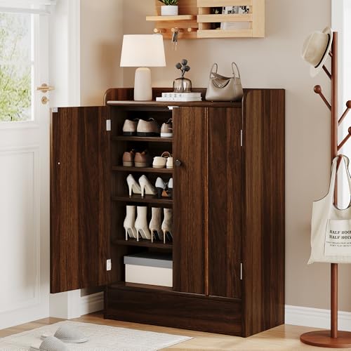 iPormis 6-Tier Shoe Cabinet with Drawer, 47” Tall Large Shoe Storage Cabinet with Doors & Adjustable Shelves, Freestanding Wooden Shoe Rack Organizer Cabinet for Entryway Hallway, Walnut Brown - color: Walnut Brown