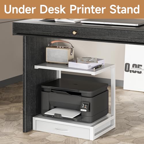 YAOHUOO 2-Tier Desktop Printer Stand with Fabric Drawer, Prtiner Table with Storage Shelf, Desk Organizer for Home Office,3D Printer,Fax Machine,Scanner, 17.3"x11.8" White - color: White, size: Middle