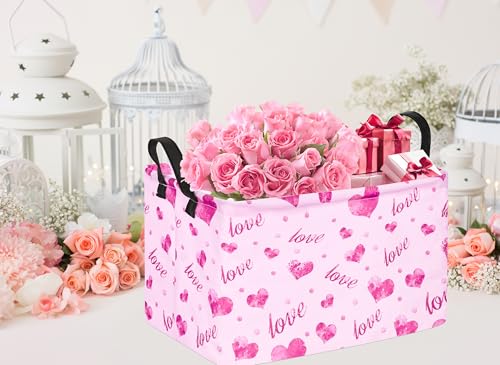 Rec Heart Print Box Hamper Storage Basket Collapsible Organizer Bin Gift Shelf Baskets for Home and Kitchen Storage - color: Purple love