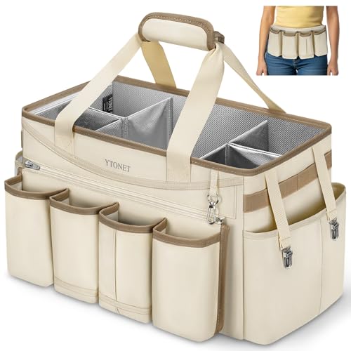 Ytonet Cleaning Caddy Bag with Detachable Apron, Extra Large Cleaning Supplies Organizer with Foldable Dividers, Portable Cleaner Tote with Handle, Cleaner Caddy for Kitchen, Detailing Bag, Apricot - color: Apricot