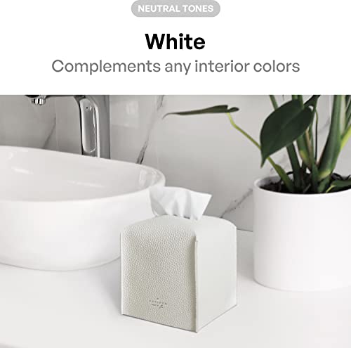 Carrotez Tissue Box Cover, Refined Modern PU Leather Square Holder - Decorative Holder/Organizer for Bathroom Vanity Countertop, Night Stands, Office Desk & Car 5"X5"X5" White - color: White, size: [Square]