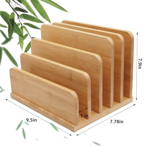 Desk File Mail Organizer Countertop, 5 Slots Bamboo Folder Sorter Holder for Letter, Envelope, Paper, Bill Filing, Desktop Tray Organizer for Office & Home