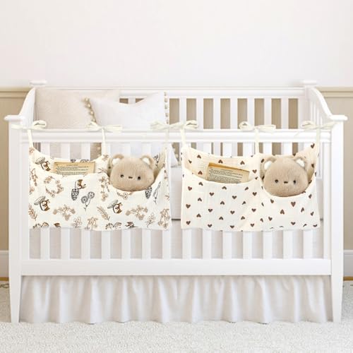 Cinaci 2pcs Cotton Pram Stroller Caddy Baby Crib Hanging Organizers Storage Pockets Nappy Diaper Bags Bedside Pockets for Milk Bottle/Soothing Toys/Wipes (Ivory Heart+Ivory Floral Set) - color: Ivory Heart+Ivory Floral Set