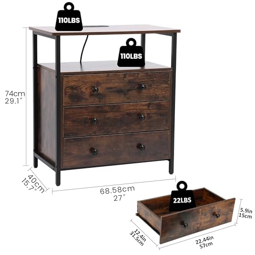 Edbuosy 3 Wooden Drawers Nightstand, 27 Inch Wide Night Stand Set 2 with Charging Station and Adjustable Drawers, Small Dresser for Closet, Bedside Table for Living Room/Bedroom/Office, Retro Brown. - color: 2 Pack, Retro Brown, size: 3 Drawers