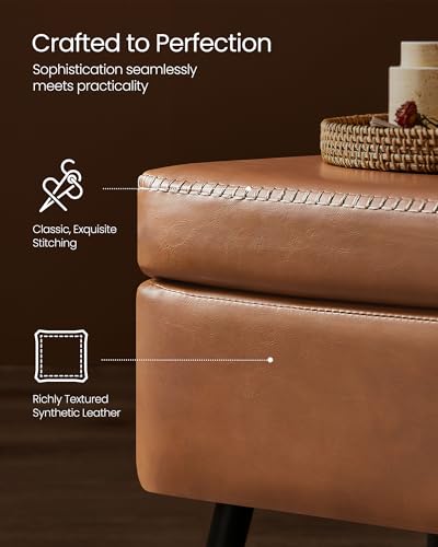 VASAGLE EKHO Collection - Storage Ottoman Bench, Entryway Bedroom Bench, 15 Gallons, Synthetic Leather with Stitching, Mid-Century Modern, Safety Hinges, Loads 660 lb, Caramel Brown ULOM074K01 - color: Caramel Brown, style: 15-Gallon Storage Bench