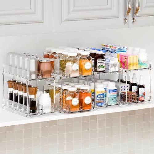 Yieach 2 Tier Sliding Spice Racks for Cabinets,4 Pack 10.4'' Deep Narrow Vertical Spice Rack Pull Out for Inside Cabinets,Kitchen,Pantry,Cupboard Seasoning,Jar Organizer and Medicine Cabinet Storage - color: Clear-4 Drawer