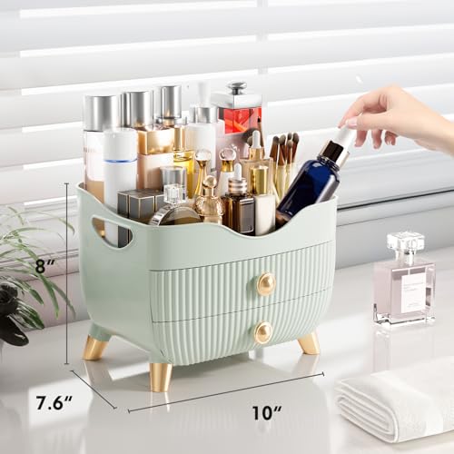 Makeup Organizer for Vanity, Large Capacity Skincare Cosmetic Organizer Countertop with 2 Drawers, Cosmetic Display Cases Makeup Storage Box for Bedroom, Bathroom, Ideal Gifts for Women(Green) - color: Green