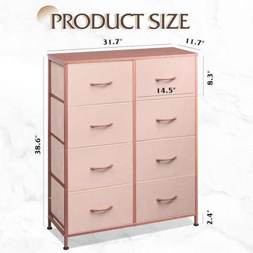 WLIVE Fabric Dresser for Bedroom, Tall Dresser with 8 Drawers, Storage Tower with Fabric Bins, Double Dresser, Chest of Drawers for Closet, Playroom, Dormitory, Pink and Rose Gold - color: Pink and Rose Gold, style: General