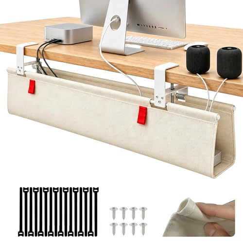 Under Desk Cable Management No Drill – 28" L x 6" W Cord Organizer, Upgraded Silicone Pads (No Scratch), 16 Cable Slots, Washable PE Honeycomb Base, Fits Desks 0–2.1" Thick, Beige - color: Beige, size: Upgraded with Enhanced Features-28"L x 6"W