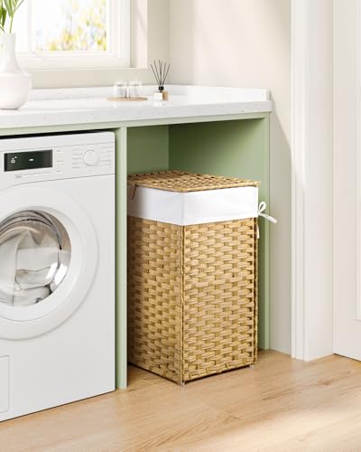 GREENSTELL Laundry Hamper with Lid, 60L Clothes Hamper with 2 Removable Liner Bags & 2 Mesh Laundry Bags, Handwoven Synthetic Rattan Laundry Basket for Clothes, Toys in Bathroom, Bedroom Natural - color: Natural, size: 60L (13.4 x 13.4 x 21.7 inches)
