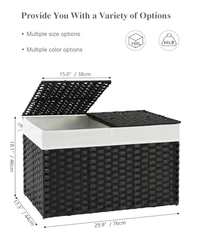 SETVSON Storage Basket with Lid Wicker Baskets for Storage with 2 Separate Lid 42.3 Gallon (160 L) 29.9 x 17.3 x 18.1 Inches Rattan Woven Large Wicker Basket with 2 Liners for Bedroom Laundry Black - color: Black, size: 160L-29.9L*17.3W*18.1H
