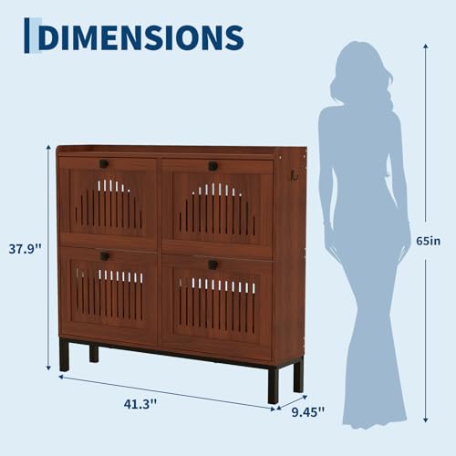 4-Door Flip Front Shoe Cabinet with Adjustable Shelves – Hidden Entryway Storage Organizer for Hallway, Foyer, Living Room – Freestanding Wooden Shoe Rack with Large Capacity & Modern Design, Walnut - color: Walnut, size: 9.45"D x 41.34"W x 37.9"H