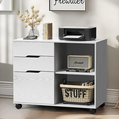 DUMOS Lateral File Cabinet with 3 Drawers Rolling Filing Cabinets Under Desk Storage Printer Stand Wood Organizer with Wheels Adjustable Shelf for Office Home Small Space, White - color: Classic White