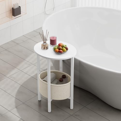 Vagusicc Round Side Table End Table with Storage Basket, Small Side Table Round Nightstand for Small Spaces, Tall Oval End Table with Steel Frame, Coffee Bedside Table for Living Room Bedroom, White - color: White