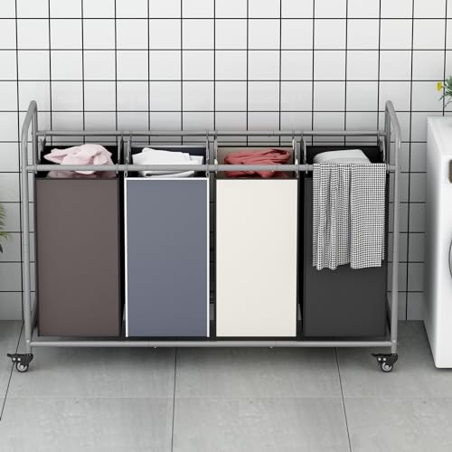 Laundry Sorter 4 Section Hamper Sorter with Heavy Duty Lockable Rolling Wheels Removable Bags Basket Separator for Dirty Clothes Storage, Assorted - size: 4 Bags Assorted