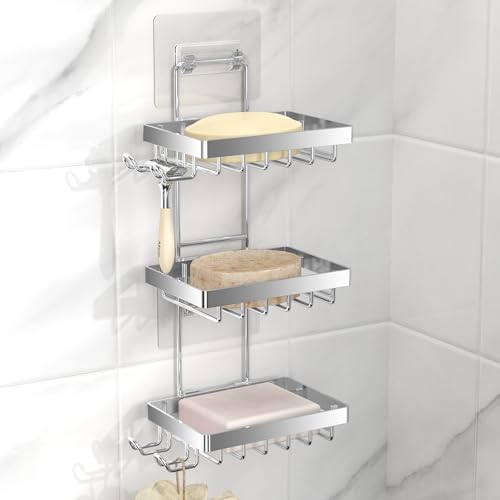 Moforoco Silver Soap Dish Holder for Shower Wall, No Drilling, 3-Tier 304 Rustproof Stainless Steel, Soap Bar Holder with 4 Hooks, Shampoo Bar Holder for Shower Caddy for Bathroom - color: Silver, size: 3-T