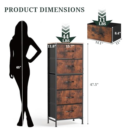 Nightstand, 5 Drawer Dresser End Table Bedside Furniture with Wooden Top Steel Frame Fabric Bins for Bedroom, Closet, Entryway, Dorm, Living Room, Brown - color: Brown, size: 11.8"D x 15.8"W x 47.8"H (5 Drawers)