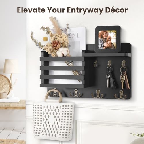 Nekon Mail Holder for Wall Mail Organizer with Key Hooks Hallway Farmhouse Decor Storage Racks with Floating Shelf and Flush Mount Hardware (16.8Inch x 10Inch x 3.2Inch) - color: Black