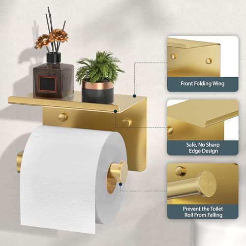 FORIOUS Toilet Paper Holder with Shelf, Adhesive or Screw Wall Mount Toilet Paper Roll Holder for Bathroom, 304 Stainless Steel Commercial Toilet Tissue Roll Dispenser with Phone Shelf (Brushed Gold) - color: Brushed Gold