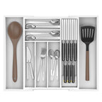 Bamboo Kitchen Drawer Organizer, Expandable Silverware Organizer with Removable Knife Block, 6-8 Slots- Utensil Holder & Cutlery Tray Drawer Dividers, 2.36" Deep for Extra Capacity, White - color: White