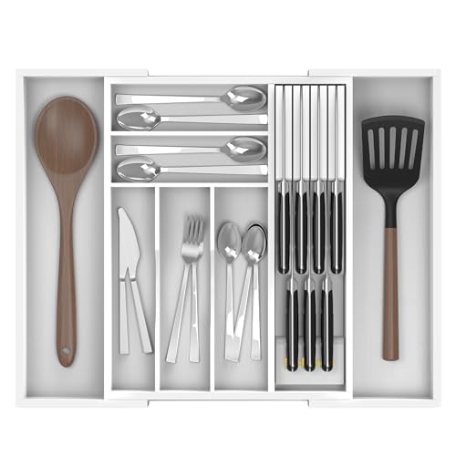Bamboo Kitchen Drawer Organizer, Expandable Silverware Organizer with Removable Knife Block, 6-8 Slots- Utensil Holder & Cutlery Tray Drawer Dividers, 2.36" Deep for Extra Capacity, White - color: White