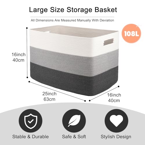 OIAHOMY 108L Super Large Blanket Basket, 25”x16”x16” Rectangle Woven Baskets for Storage, Cotton Rope Basket For Living Room, Toy Storage with Handle- Gradient Dark Grey - color: Gradient Dark Grey