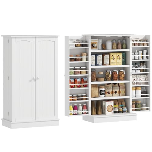 HOMCOM 41" Kitchen Pantry Storage Cabinet, Freestanding Kitchen Cabinet with 12 Door Shelves, Double Doors, 5-Tier Shelving and Adjustable Shelves, White - color: White, size: 41"H